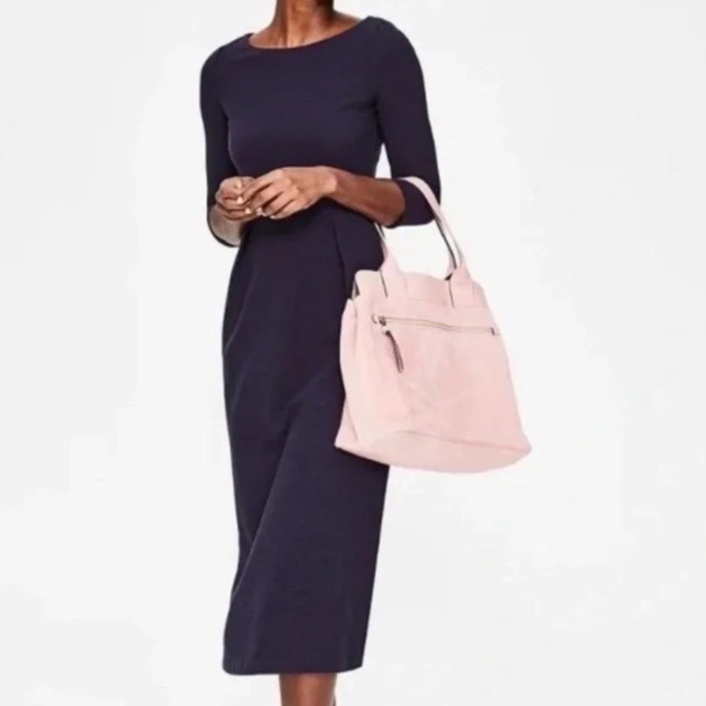 Boden Alma Ottoman Dress Womens 10R Navy Blue Red Trim 3/4 Sleeve Midi Pleated